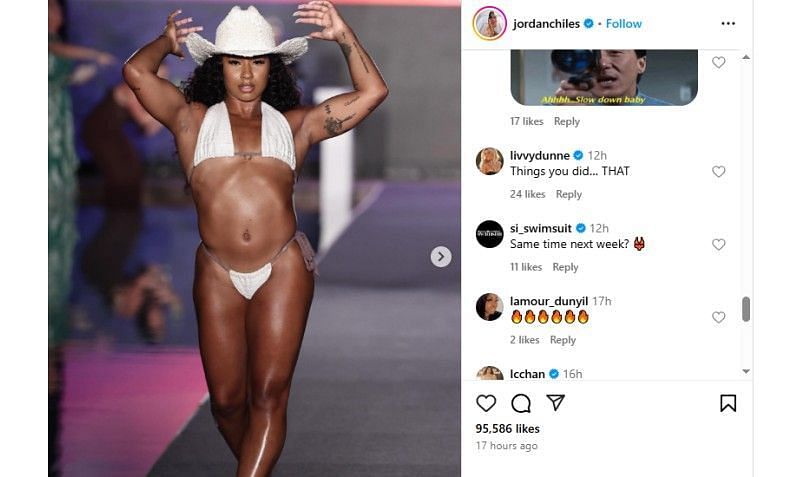 Screenshot of Jordan Chiles' Instagram post featuring Olivia Dunne's comments | Source: IG/jordanchiles